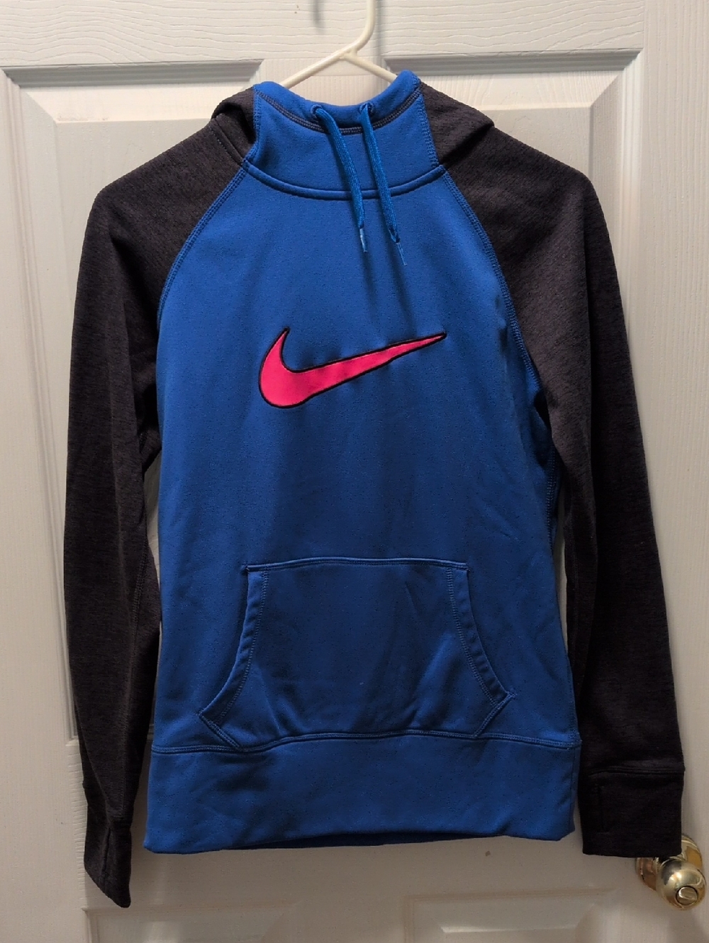 Nike Royal Blue Hoodie, Black Sleeves, Pink Swoosh, Women's Small
